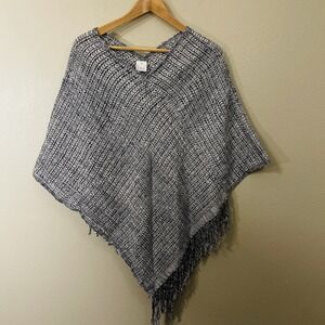 Hadwoven Poncho Shawl Wrap Navy/ White Tassels Boho Artsy Cottagecore Artisan